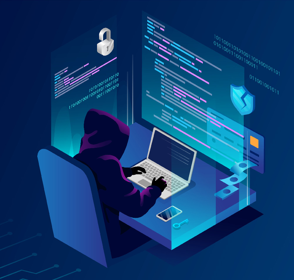 Isometric vector illustration of a hooded hacker at a laptop