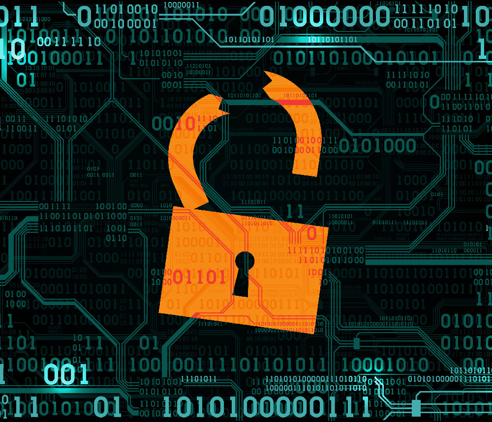 Orange broken lock graphic on a blue abstract electronic circuit board background