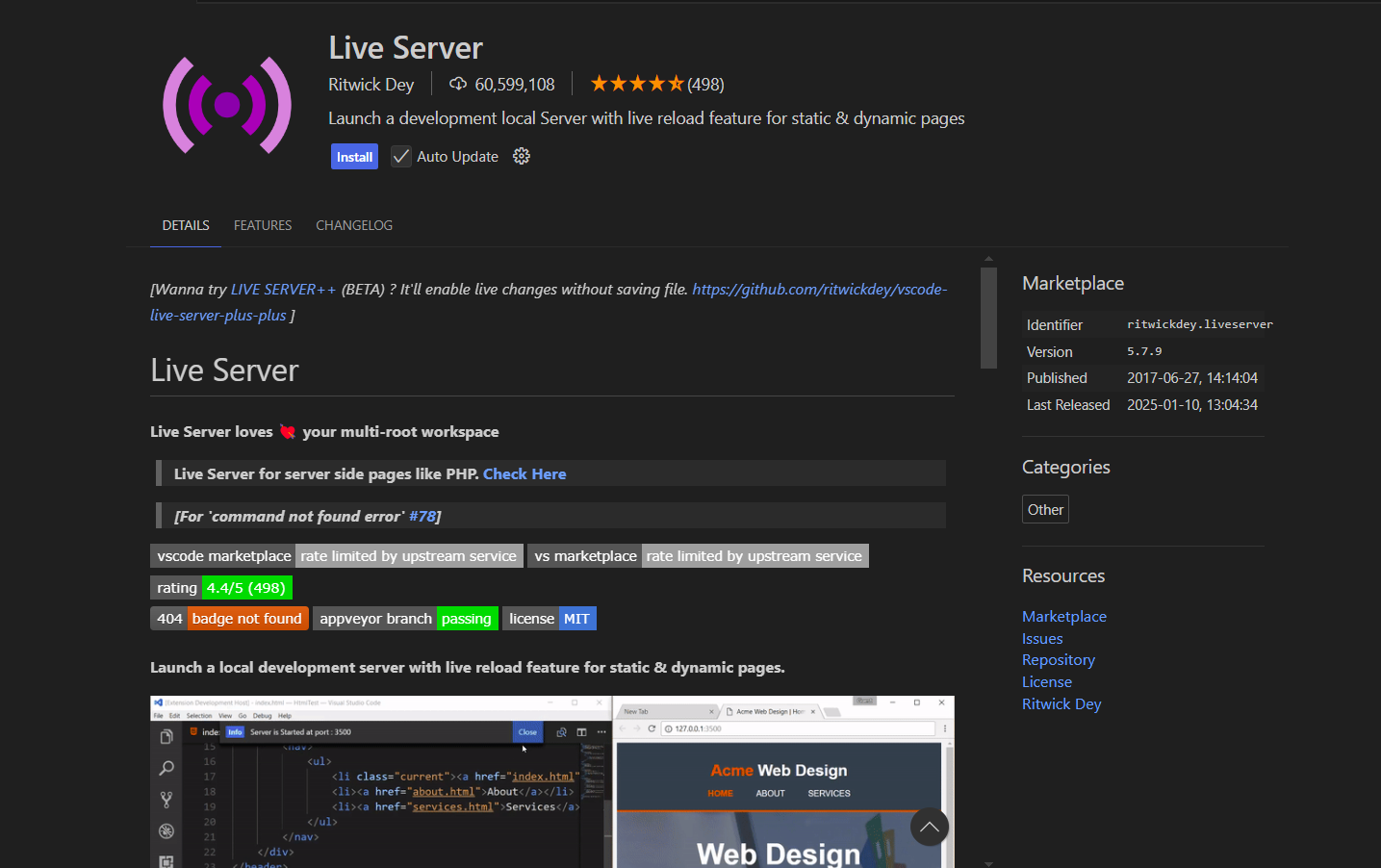The details page for the Live Server extension created by Ritwick Dey