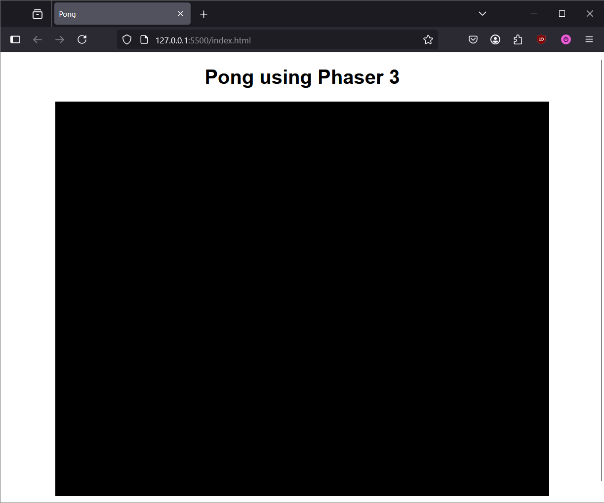 The resulting web page of the Phaser app after creating a Game Instance